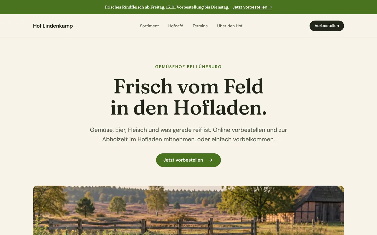 Startseite des Beispielbetriebs Hof Lindenkamp