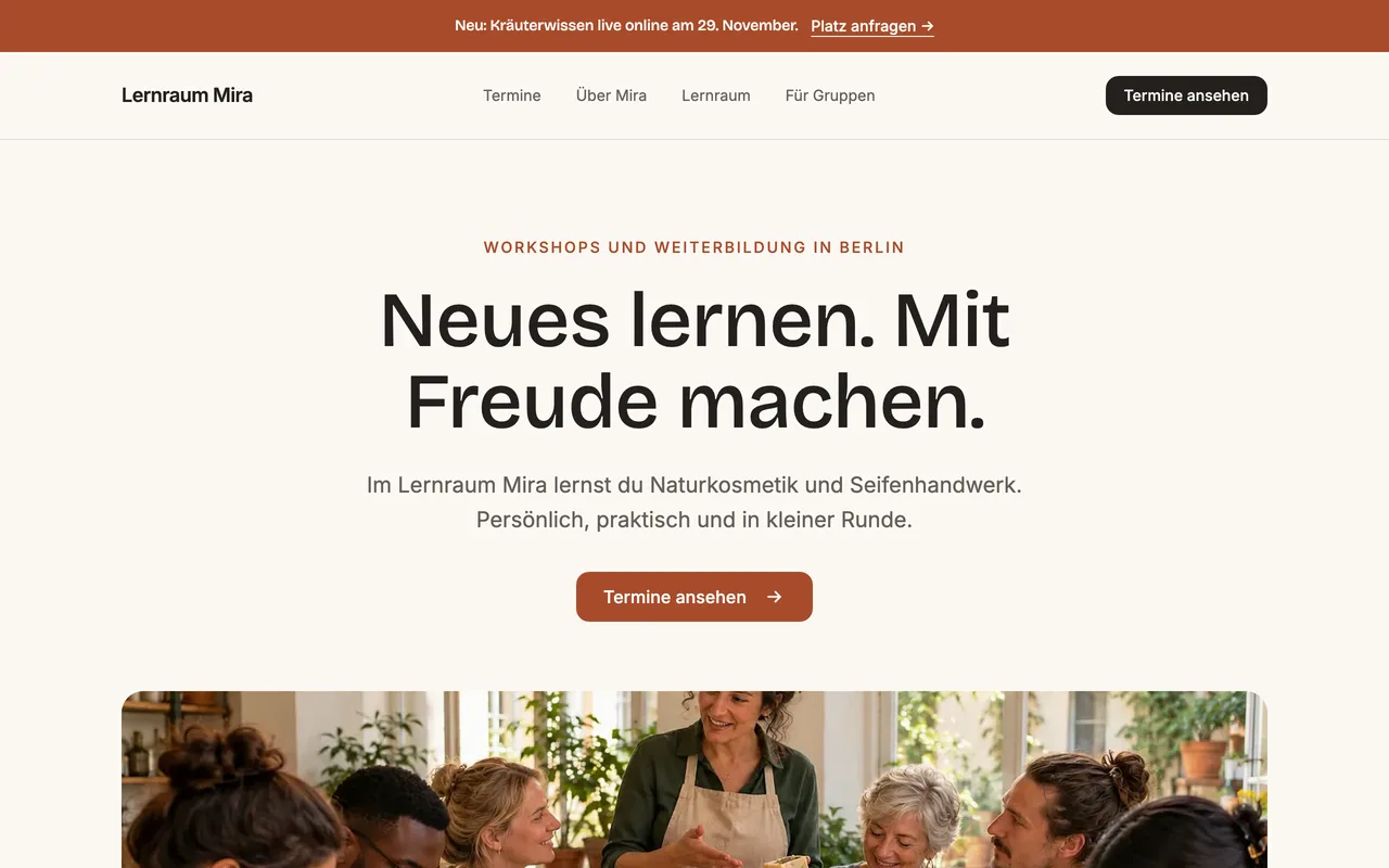 Startseite des Beispielbetriebs Lernraum Mira