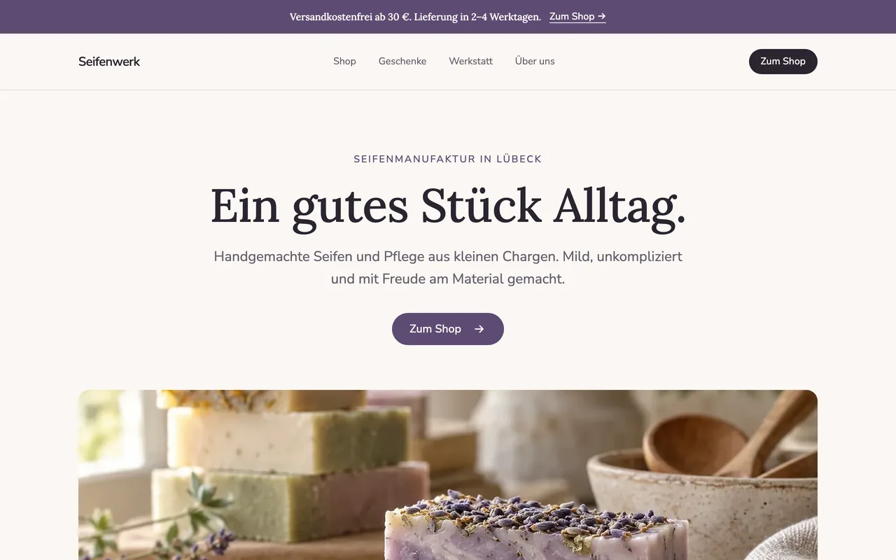 Startseite des Beispielbetriebs Seifenwerk