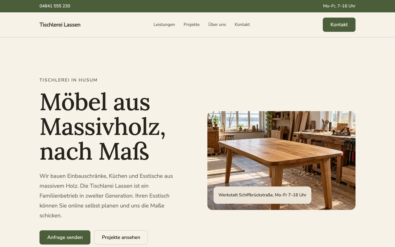 Startseite des Beispielbetriebs Tischlerei Lassen