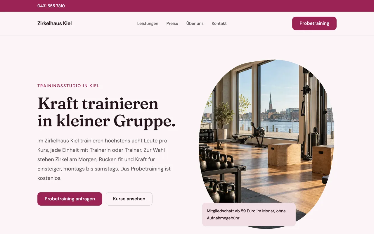 Startseite des Beispielbetriebs Zirkelhaus Kiel
