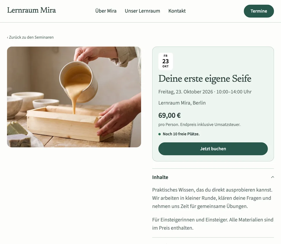 Seminardetail der Demo Lernraum Mira mit Termin, Preis, freien Plätzen und Buchungsbutton