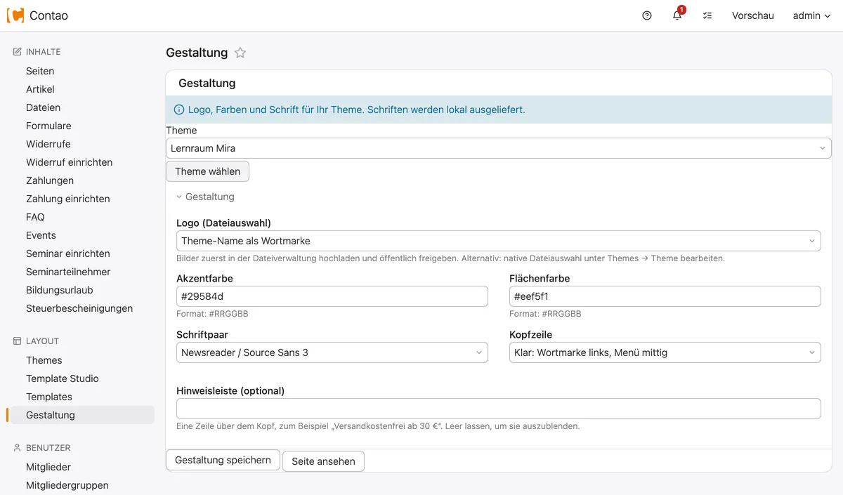 Gestaltung im Contao-Backend mit Logo, Akzentfarbe, Flächenfarbe, Schriftpaar, Kopfzeile und Hinweisleiste