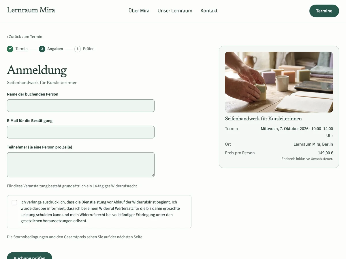 Anmeldung im Seminar-Theme mit Schritten, Pflichtangaben, Widerrufshinweis und Terminübersicht