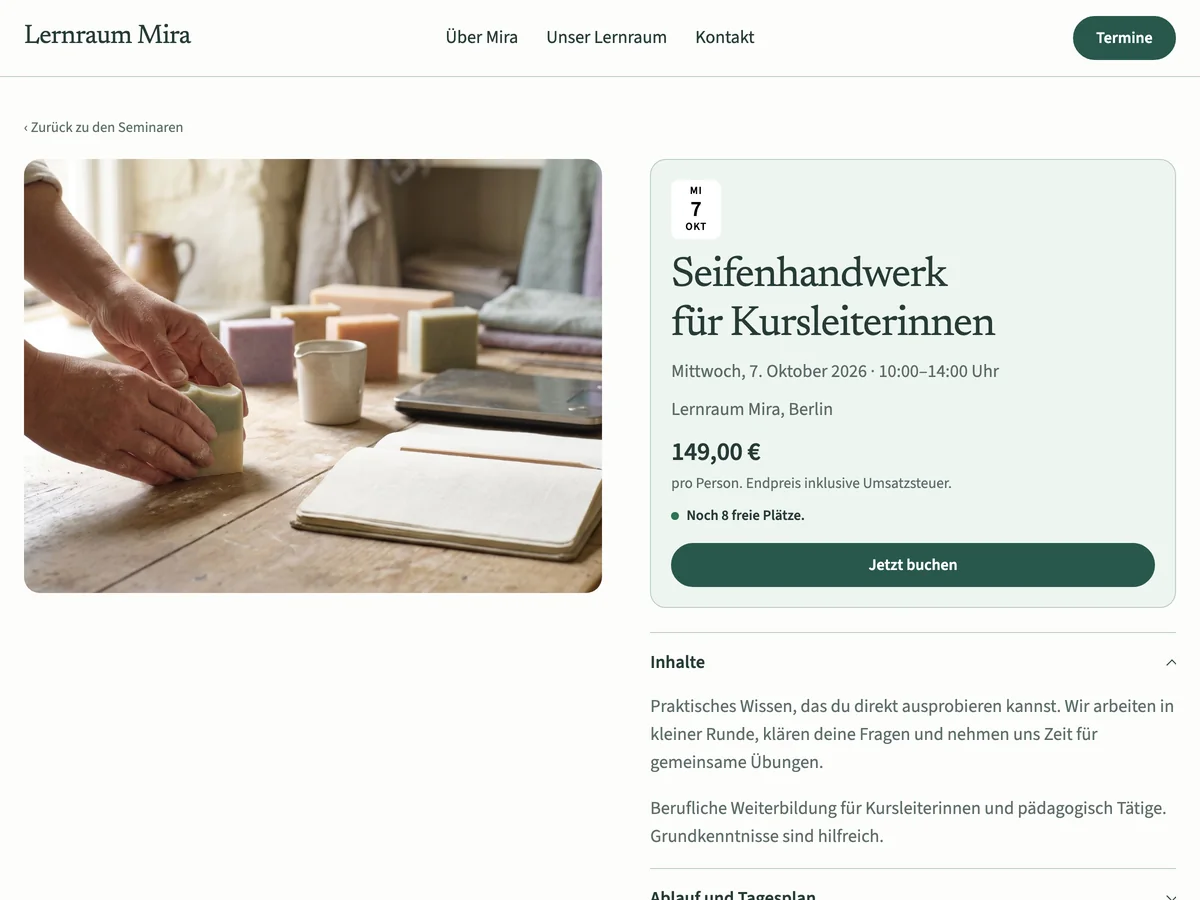 Termin-Detailseite des Seminar-Themes mit Datum, Ort, Preis, freien Plätzen und Buchungsbutton