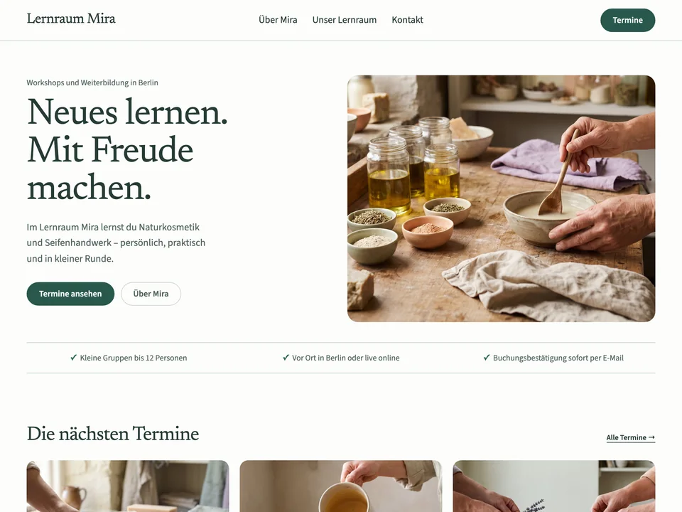Startseite des Seminar-Themes mit der Demo „Lernraum Mira“: Einleitung, Werkstattbild und die nächsten drei Termine mit freien Plätzen