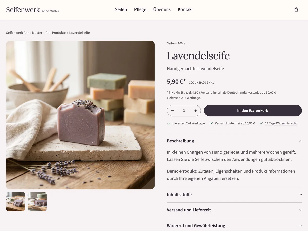 Produktseite des Shop-Themes mit Bildergalerie, Preis, Grundpreis, Mengenwähler und Warenkorb-Button