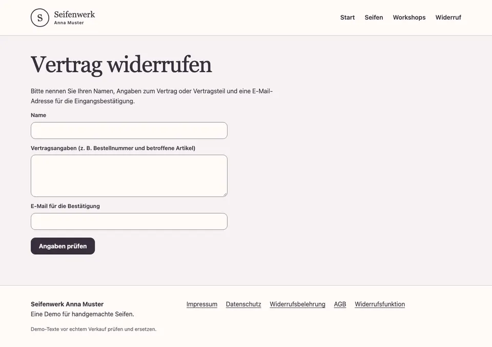 Widerrufsformular der Demo mit Name, Vertragsangaben und E-Mail