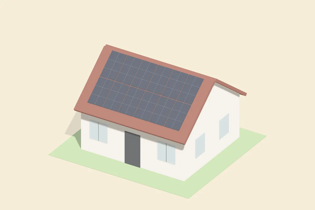 Einfamilienhaus mit Satteldach, auf der vorderen Dachfläche zwei Reihen Solarmodule