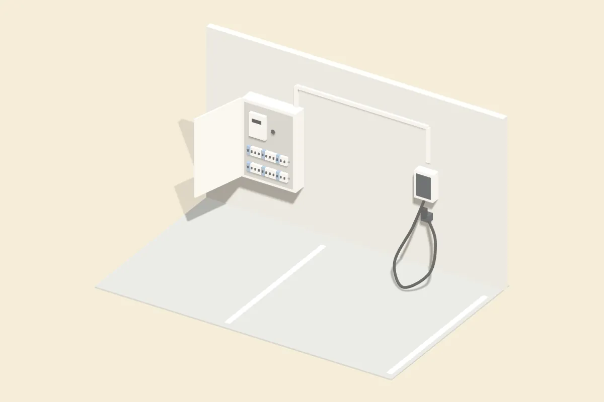 Garagenwand mit geöffnetem Zählerschrank und Wallbox mit Ladekabel über einem Stellplatz