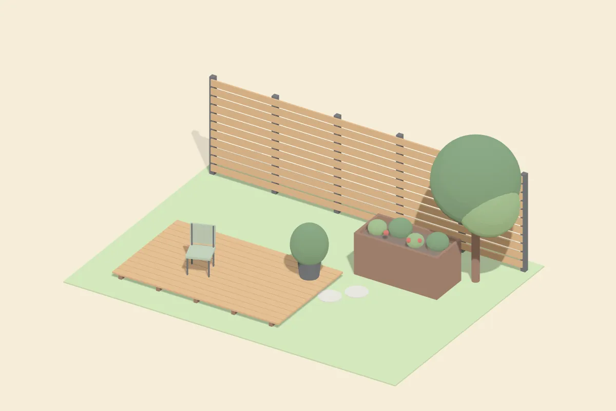 Garten mit Holzterrasse, Hochbeet, Sichtschutzzaun aus Holz und einem Baum
