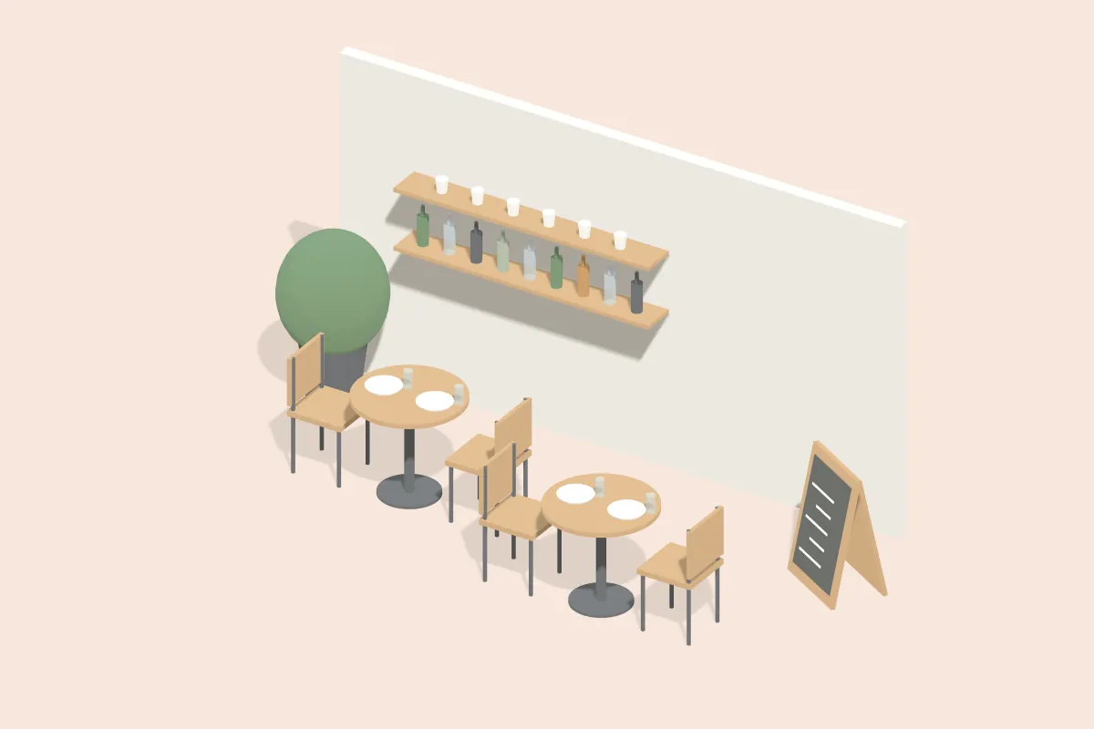 Café mit zwei runden Bistrotischen, Stühlen, Flaschenregal an der Wand und einem Tafel-Aufsteller