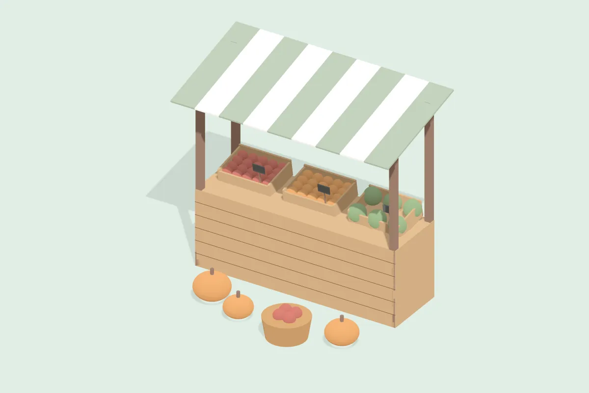 Marktstand mit gestreiftem Dach und Kisten voller Äpfel, Orangen und Salat, davor Kürbisse und ein Korb