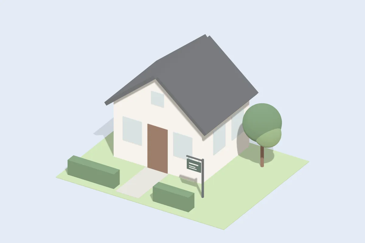Einfamilienhaus mit Garten und Hecke, davor ein Maklerschild am Pfosten