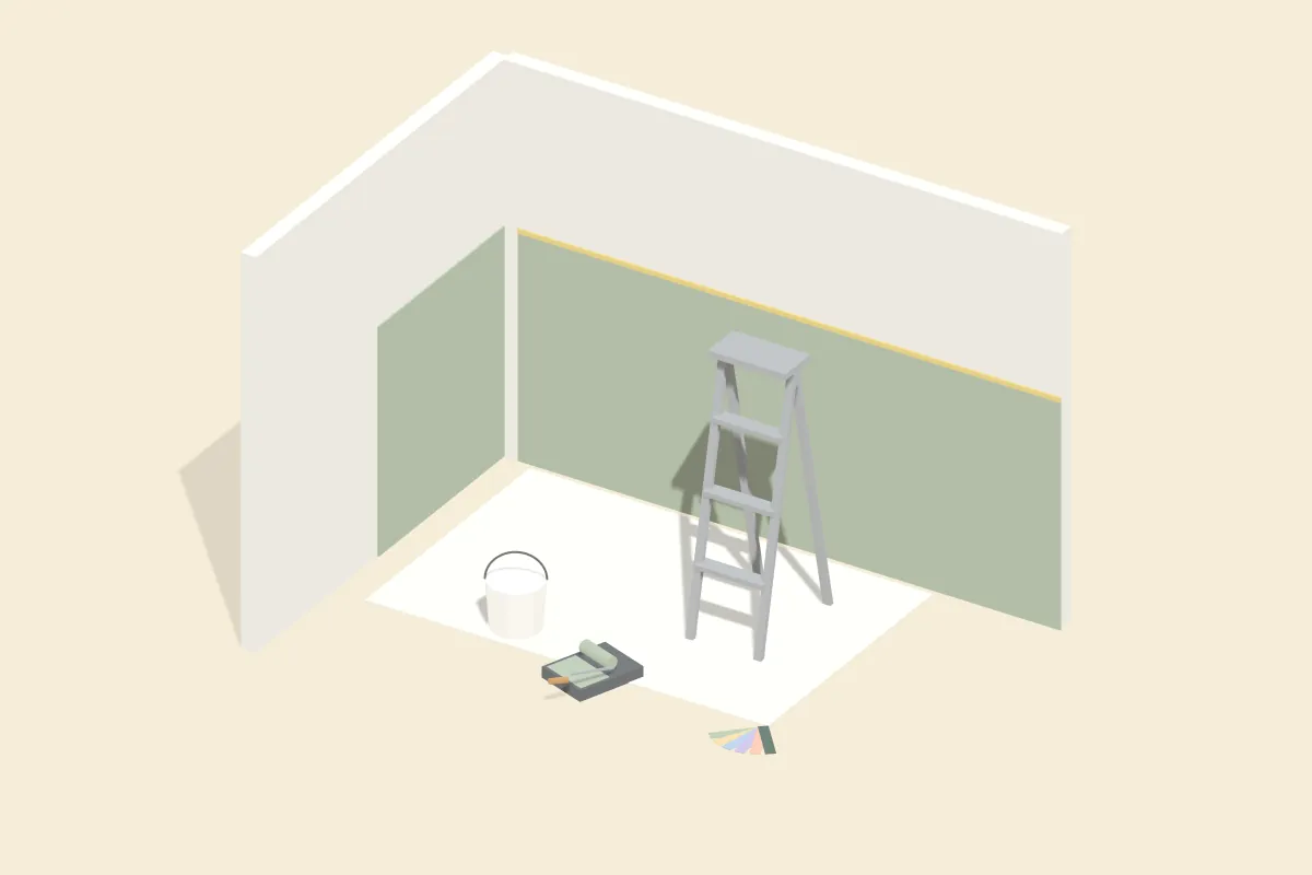 Raumecke mit frisch salbeigrün gestrichener Wand, Stehleiter, Farbeimer, Farbwanne und Farbfächer