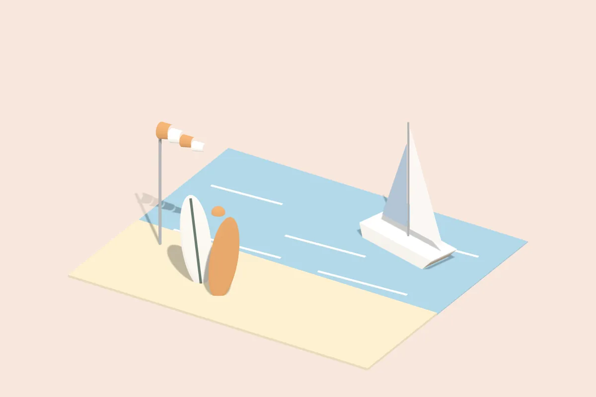 Strand mit zwei Surfbrettern im Sand, Windsack und Segelboot auf dem Wasser