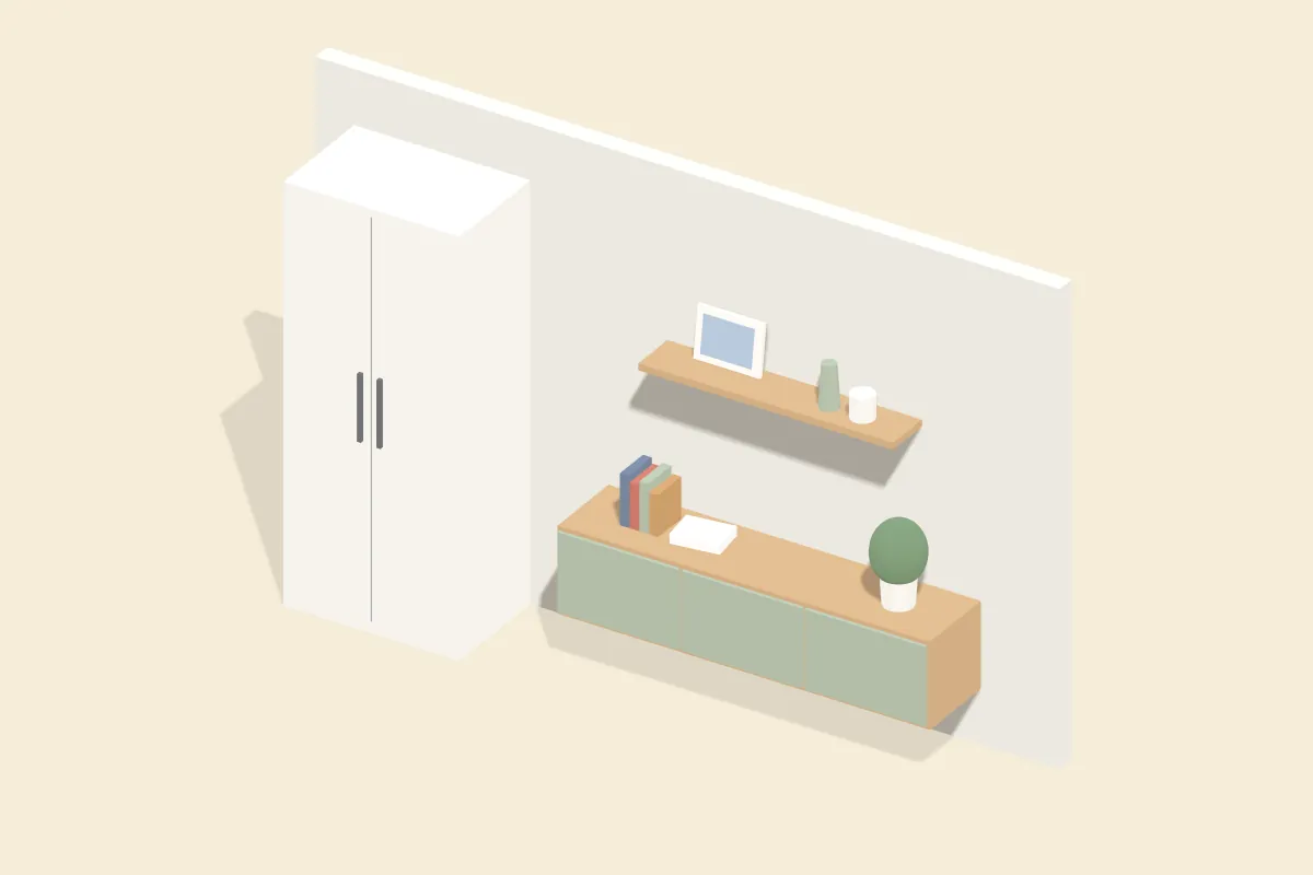 Weißer Kleiderschrank und wandhängendes Lowboard aus Eiche mit salbeigrünen Fronten, darüber ein Wandboard