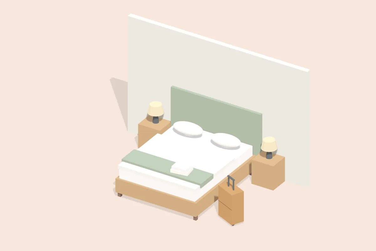 Gästezimmer mit Doppelbett, Nachttischen mit Lampen und einem Koffer am Fußende