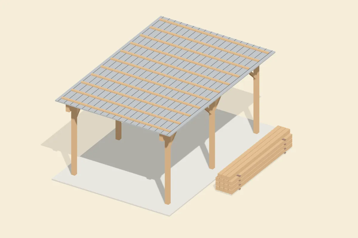 Carport aus Holz mit Kopfbändern und Blechdach über Kies, daneben ein Stapel Kanthölzer
