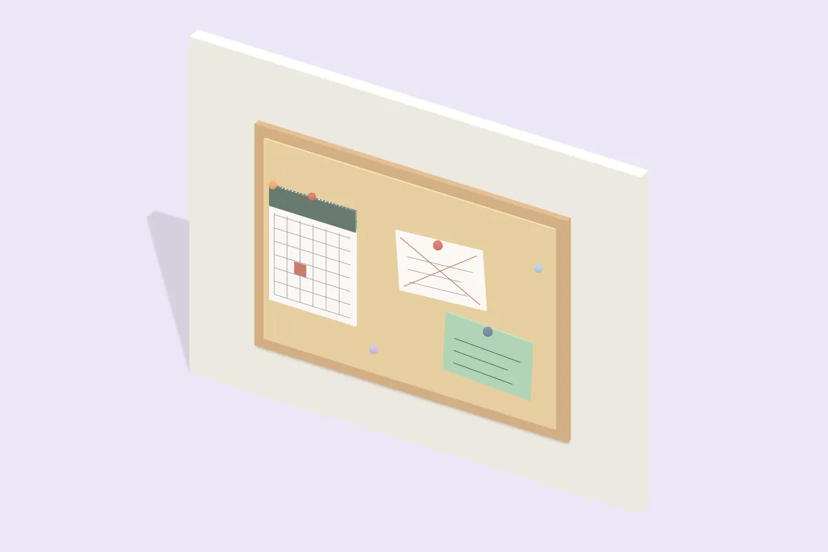 Pinnwand mit durchgestrichener Karteikarte, einer neuen Karte daneben und einem Kalender