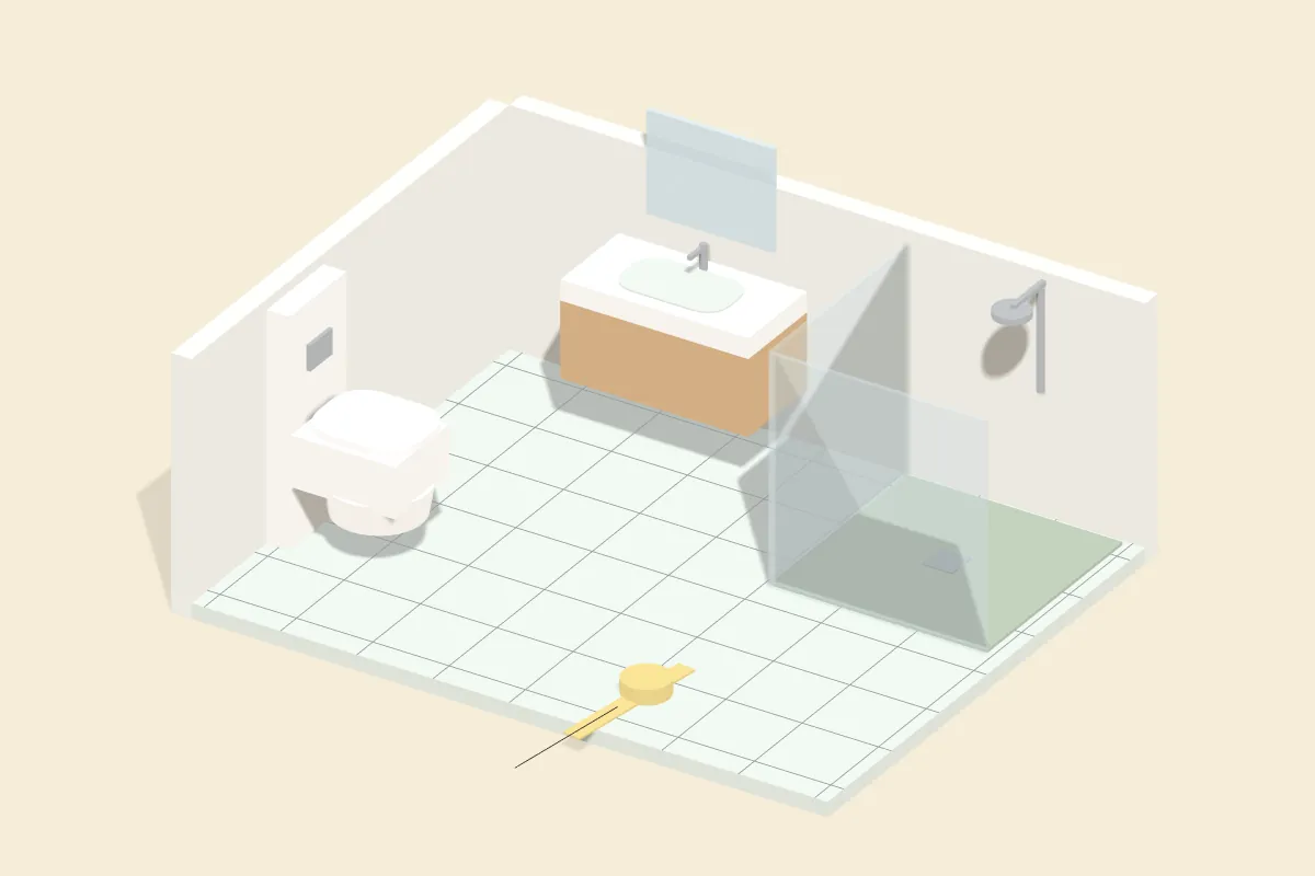 Modell eines kleinen Badezimmers ohne Decke mit Dusche, Glaswand, wandhängendem WC, Waschtisch mit Spiegel und ausgerolltem Maßband