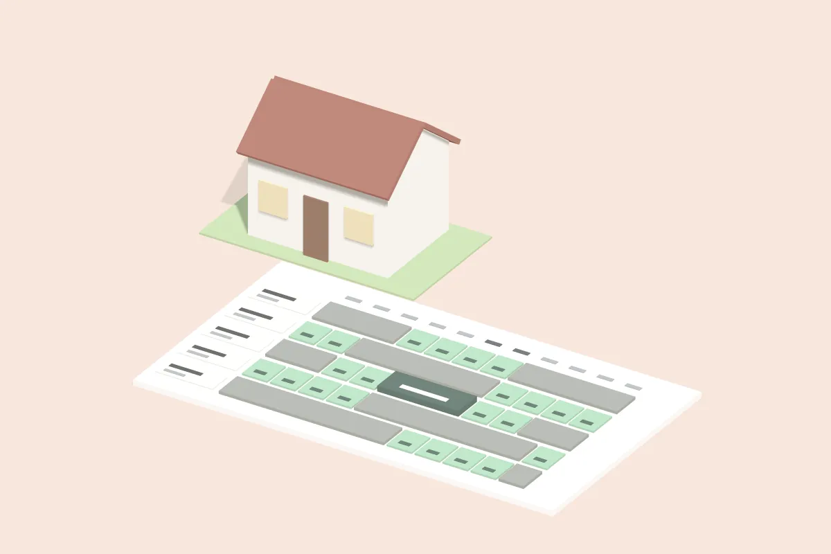 Belegungsplan als Tafel vor einem Ferienhaus: je Wohnung eine Zeile, freie Nächte hellgrün, belegte als graue Balken, ein gewählter Zeitraum dunkelgrün