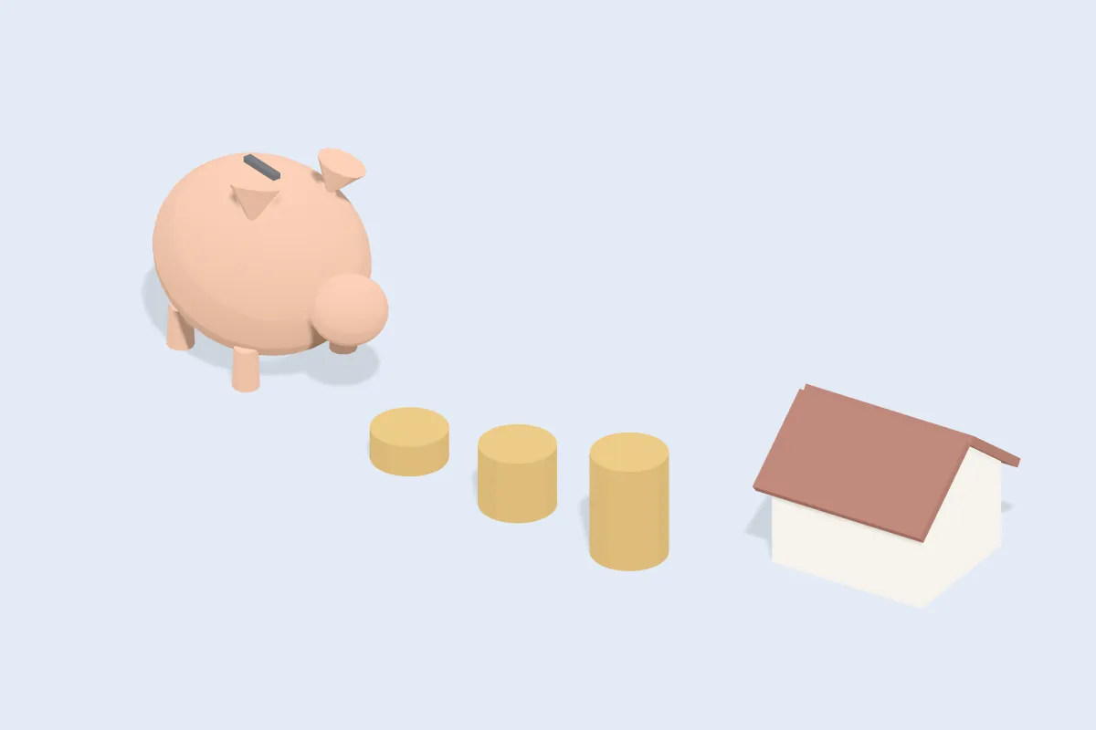 Sparschwein neben aufsteigenden Münzstapeln und einem kleinen Hausmodell