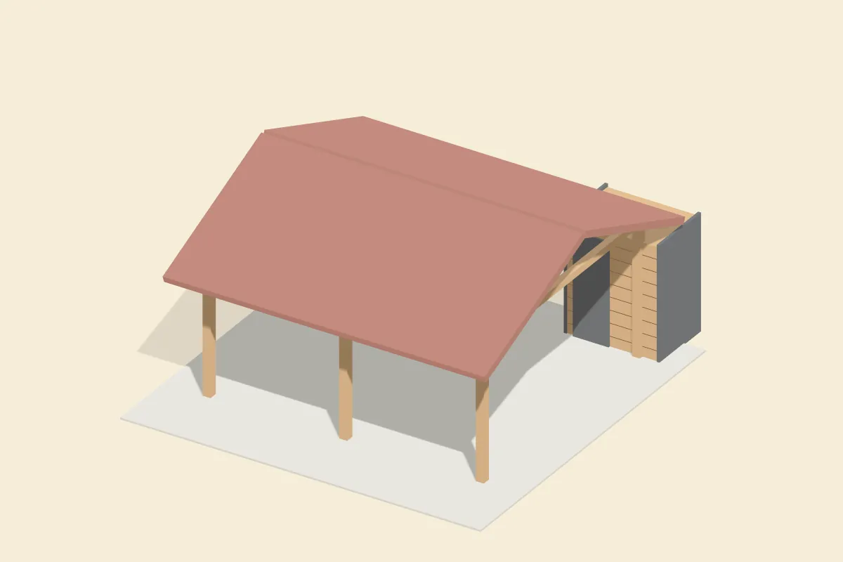 Doppelcarport mit Satteldach auf Holzpfosten über Kies, hinten ein angebauter Geräteraum