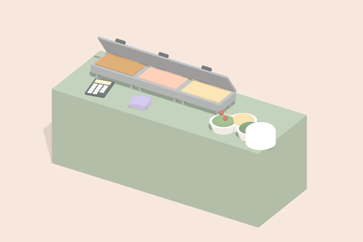 Buffettisch mit Chafing-Dishes, Salatschalen und Tellerstapel, daneben Taschenrechner und Servietten