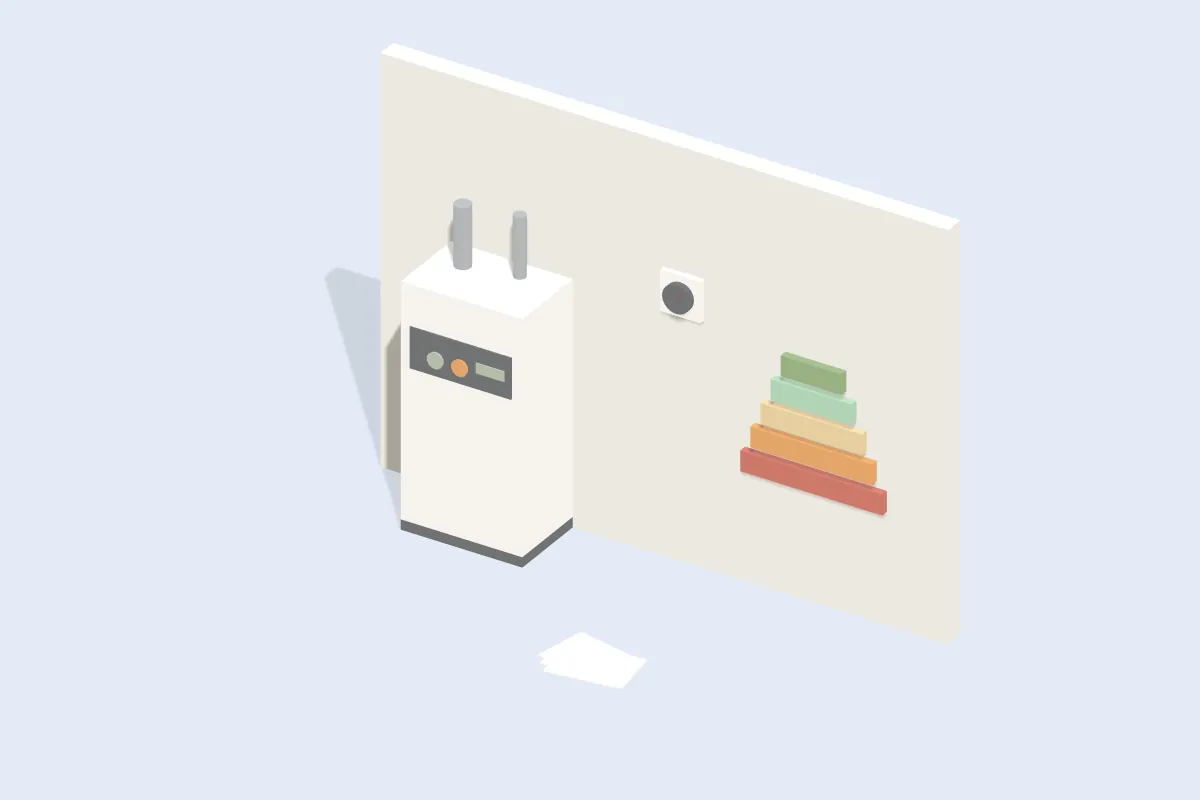 Heizkessel und Thermostat an der Wand, Abrechnungen und ein Balkenstreifen von Grün bis Rot