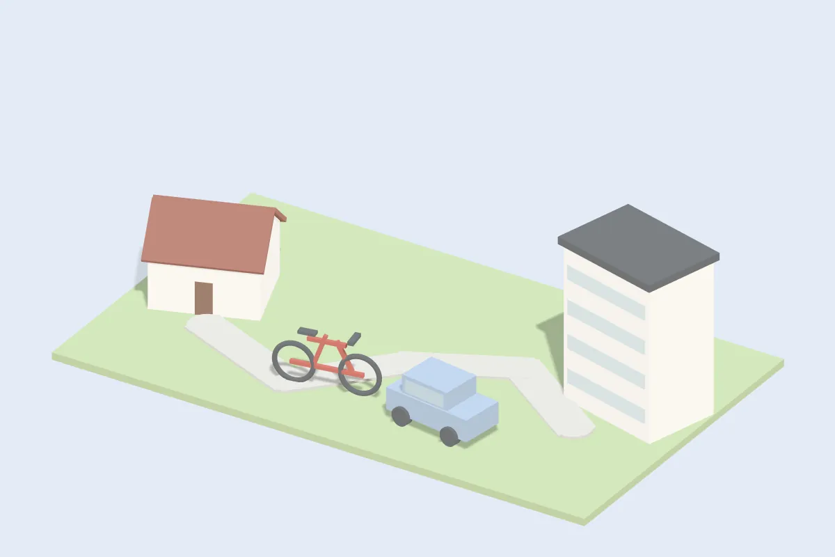 Haus und Bürogebäude, verbunden durch eine gewundene Straße mit Fahrrad und kleinem Auto