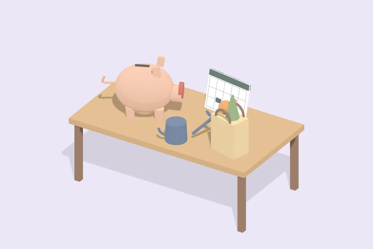 Küchentisch mit Sparschwein, Monatskalender, Einkaufstasche und Gießkanne