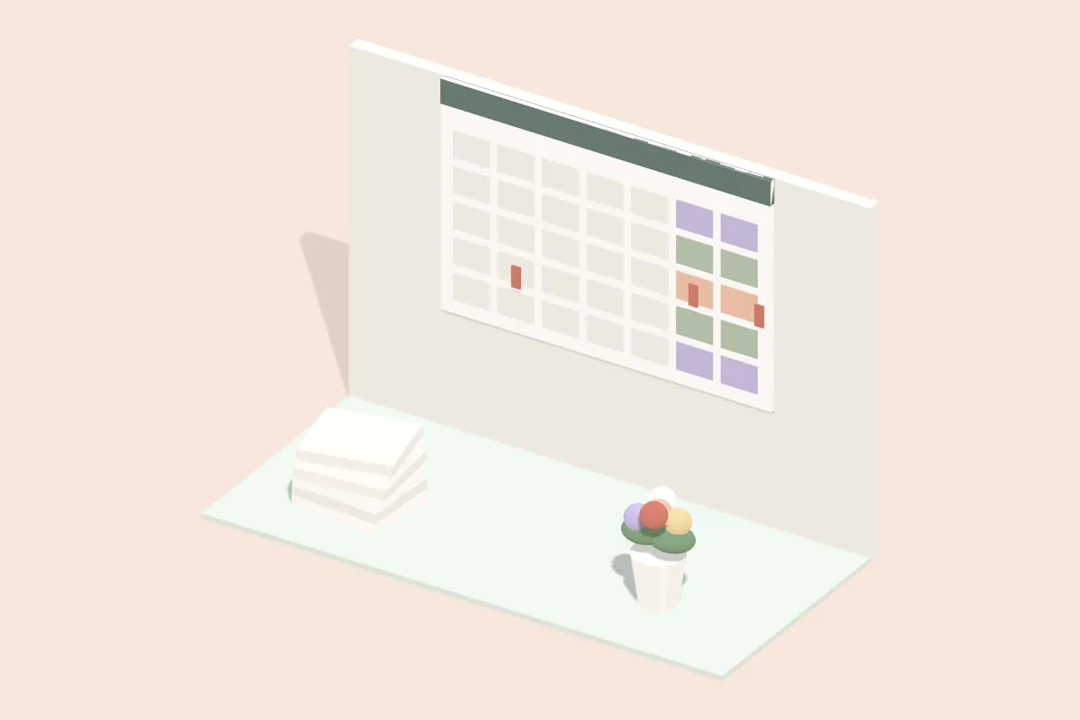 Großer Wandkalender mit farbig markierten Wochenenden, davor Stuhlhussen und ein Blumengesteck