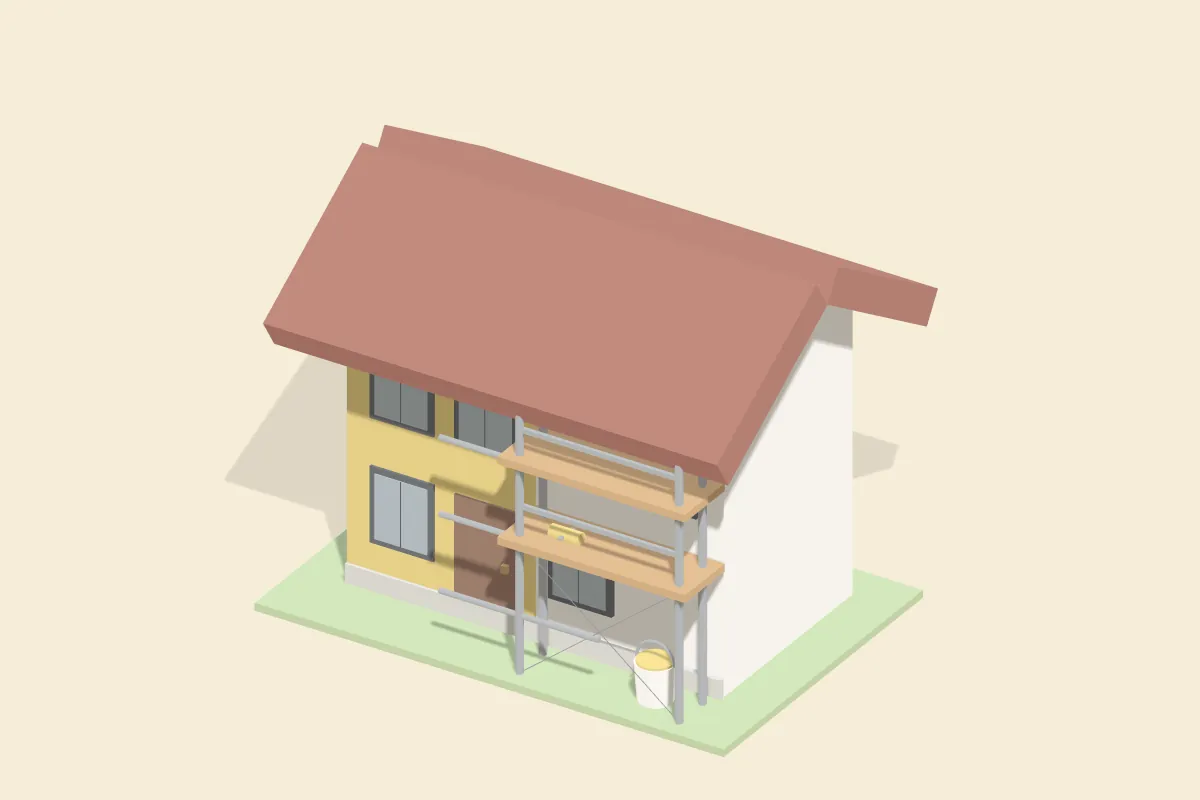 Zweigeschossiges Haus mit Satteldach, links frisch gelb gestrichen, rechts ein Baugerüst mit Farbeimer und Rolle