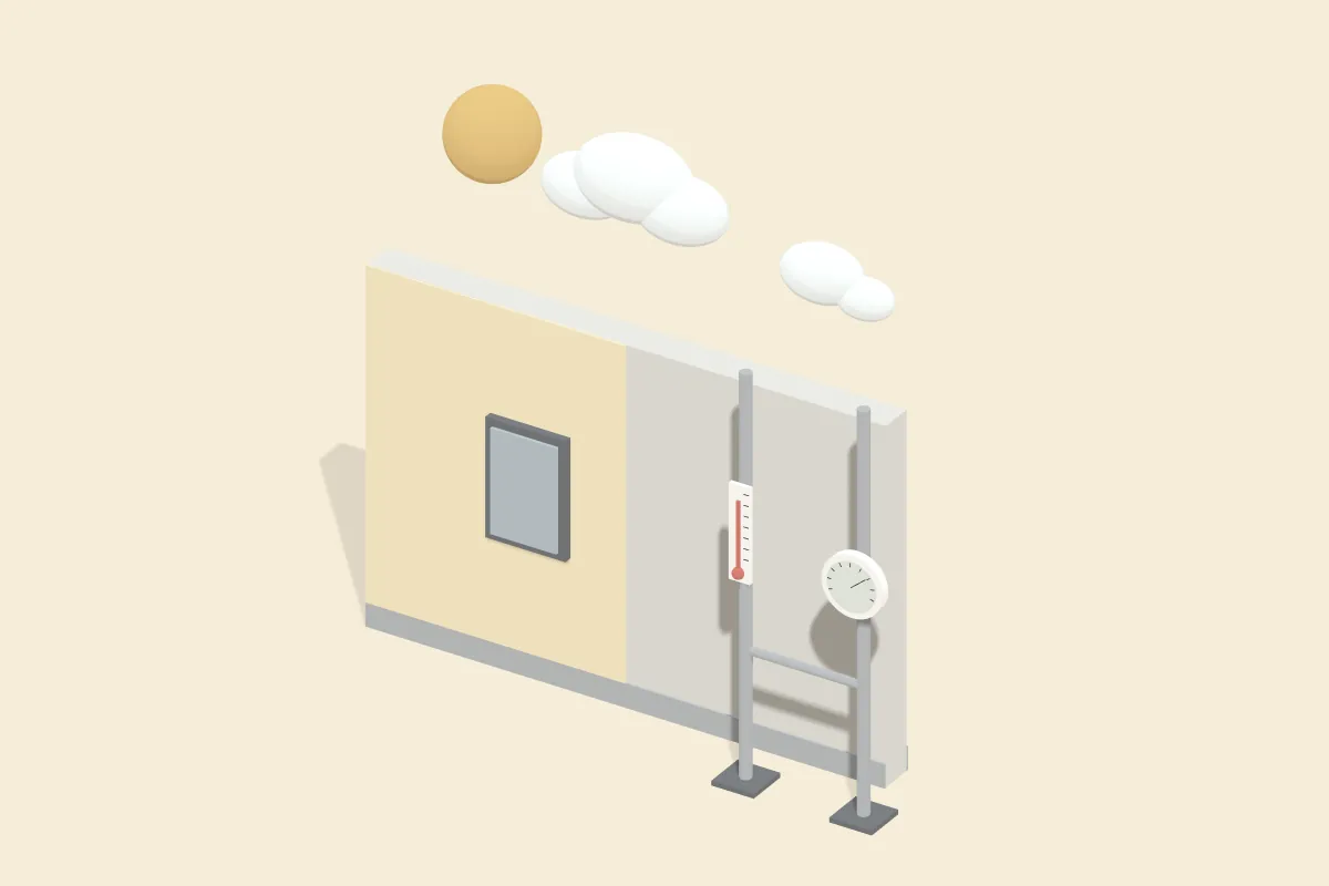 Halb gestrichene Hauswand mit Thermometer und Hygrometer an einem Gerüstrohr, dahinter Sonne und Wolken