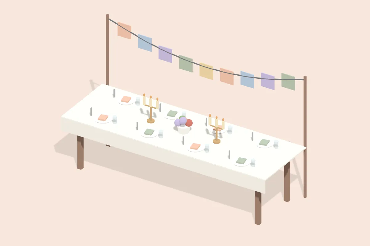 Lange gedeckte Tafel mit Servietten, Kerzenständern und Blumengesteck, darüber eine Girlande