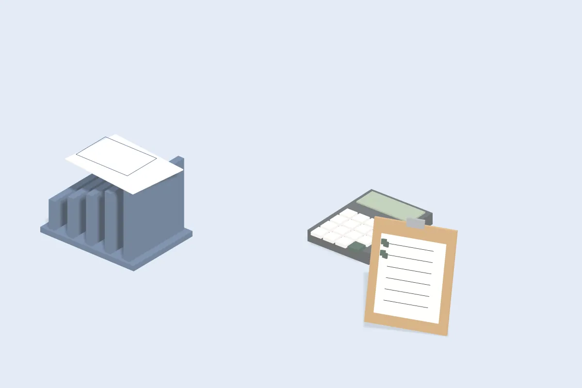 Offene Dokumentenmappe mit Grundriss, daneben Klemmbrett mit Checkliste und Taschenrechner