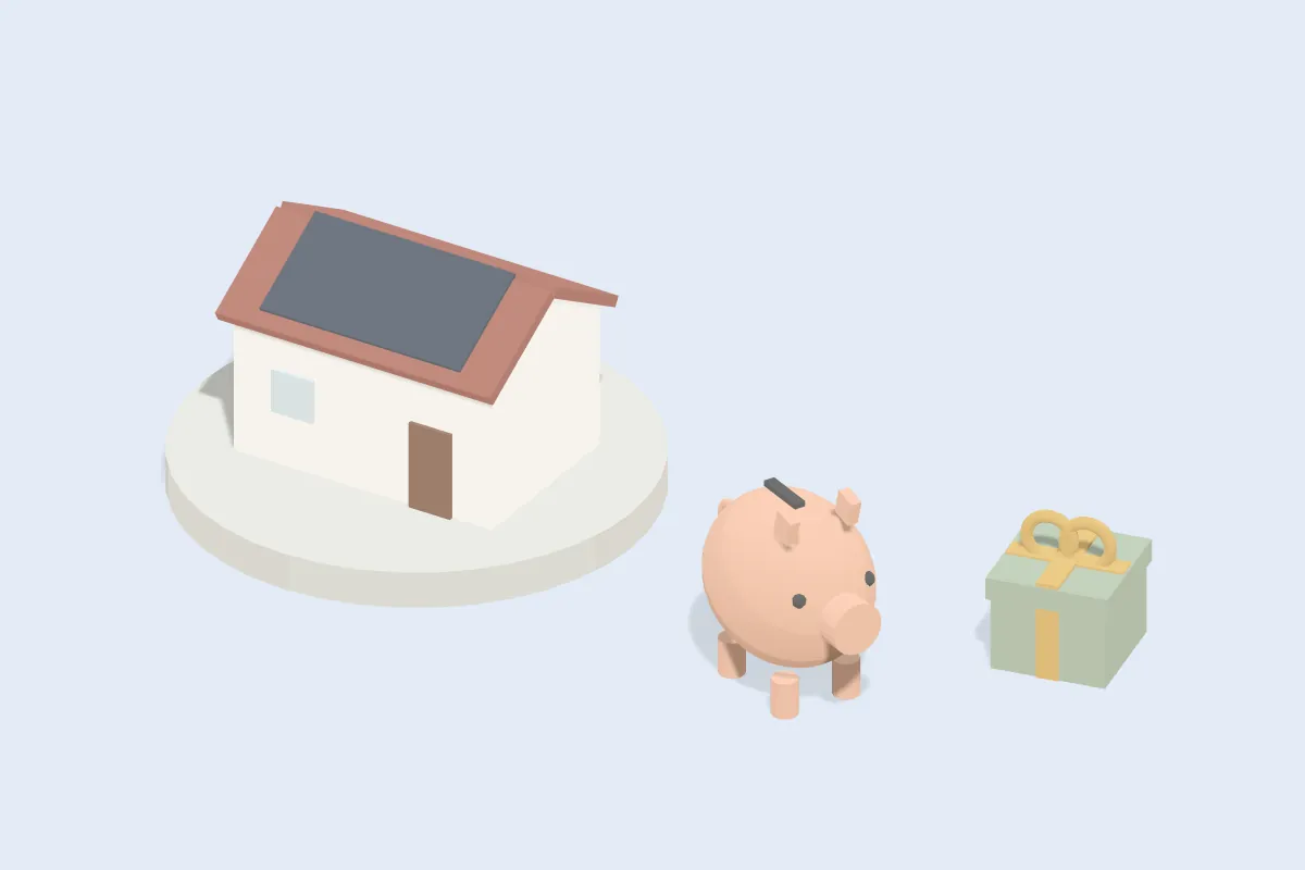 Hausmodell mit Solardach auf Sockel, daneben ein Sparschwein und ein Geschenkpaket mit Schleife