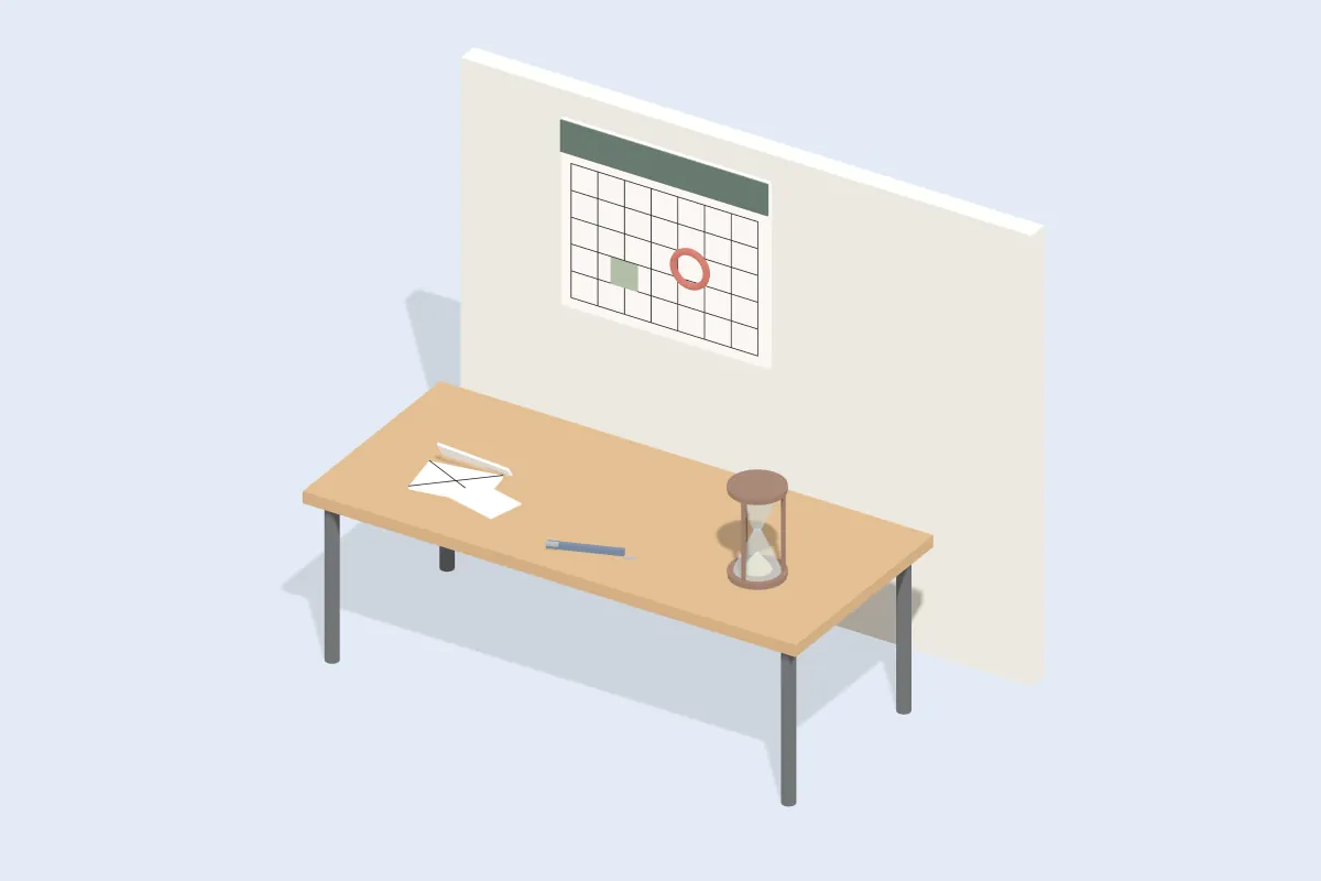 Schreibtisch mit Wandkalender und rot umkreistem Tag, Briefumschlag und Sanduhr