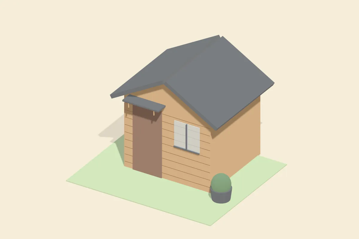 Gartenhaus aus Holz mit Satteldach, Tür, Fenster und Vordach auf Rasen, daneben ein Pflanzkübel