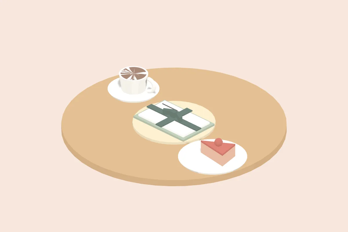 Gutschein mit Schleife auf einem Untersetzer, daneben eine Kaffeetasse und ein Stück Kuchen auf einem Teller