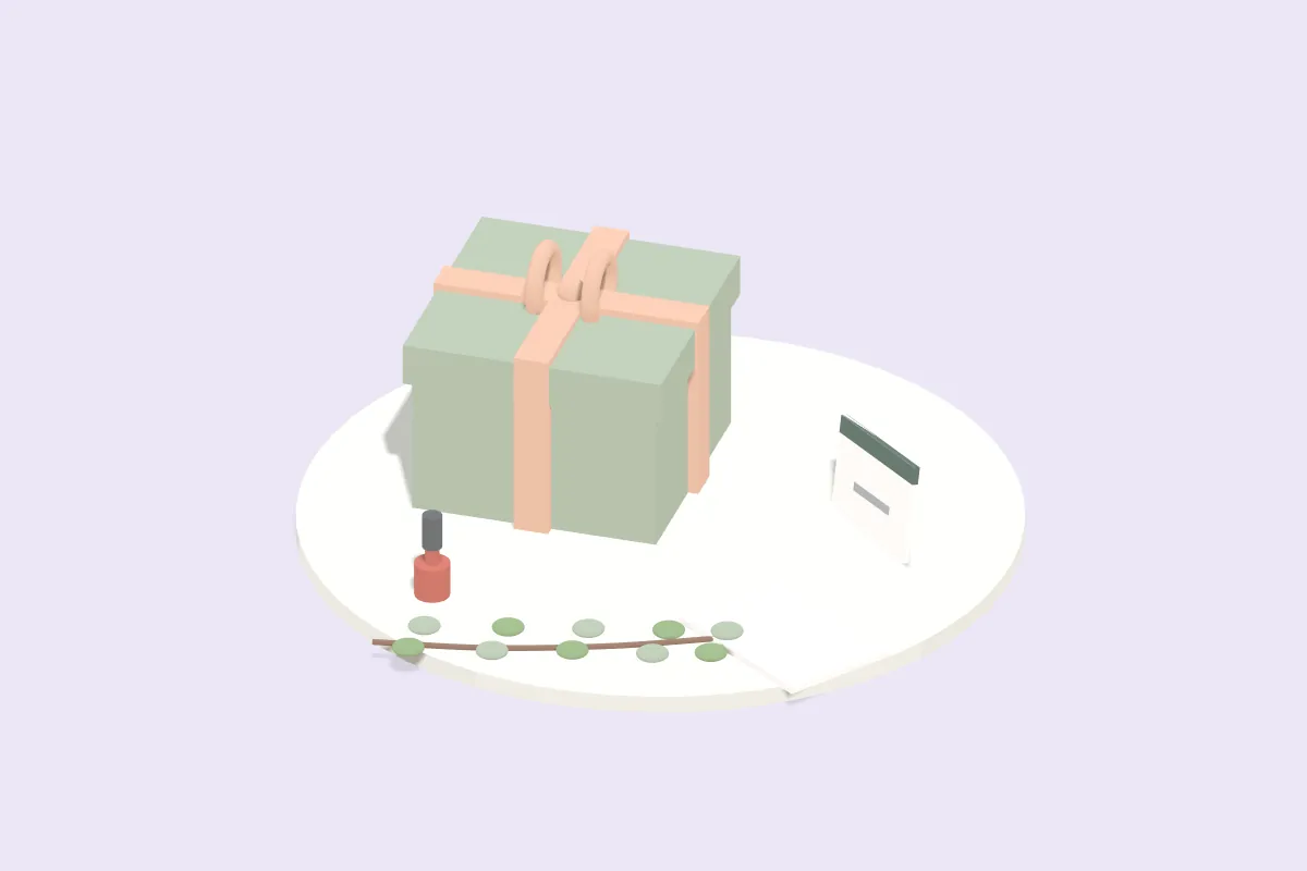 Geschenkbox mit Schleife, Umschlag mit Karte, Nagellackfläschchen und Eukalyptuszweig