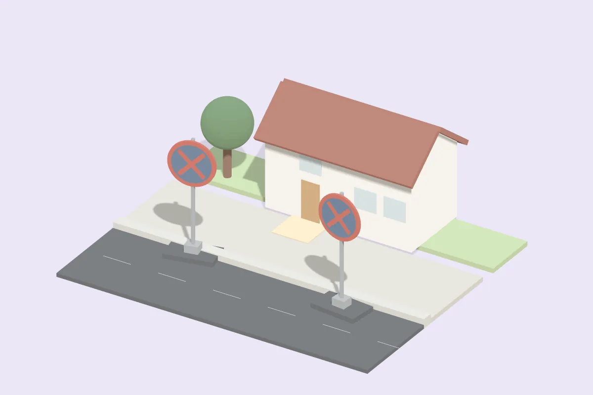 Straßenrand vor einem Wohnhaus mit zwei mobilen Halteverbotsschildern