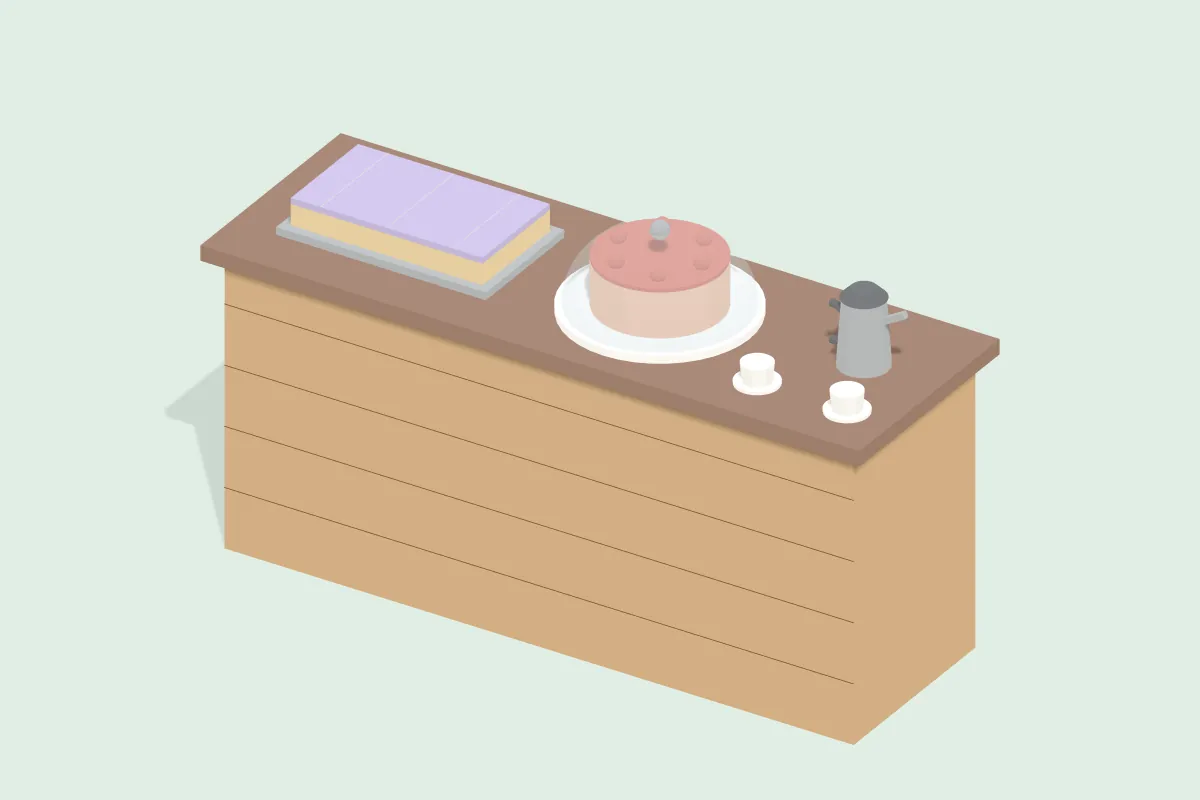 Kuchentheke aus Holz mit Blechkuchen, einer Torte unter Glasglocke, Kaffeekanne und Tassen