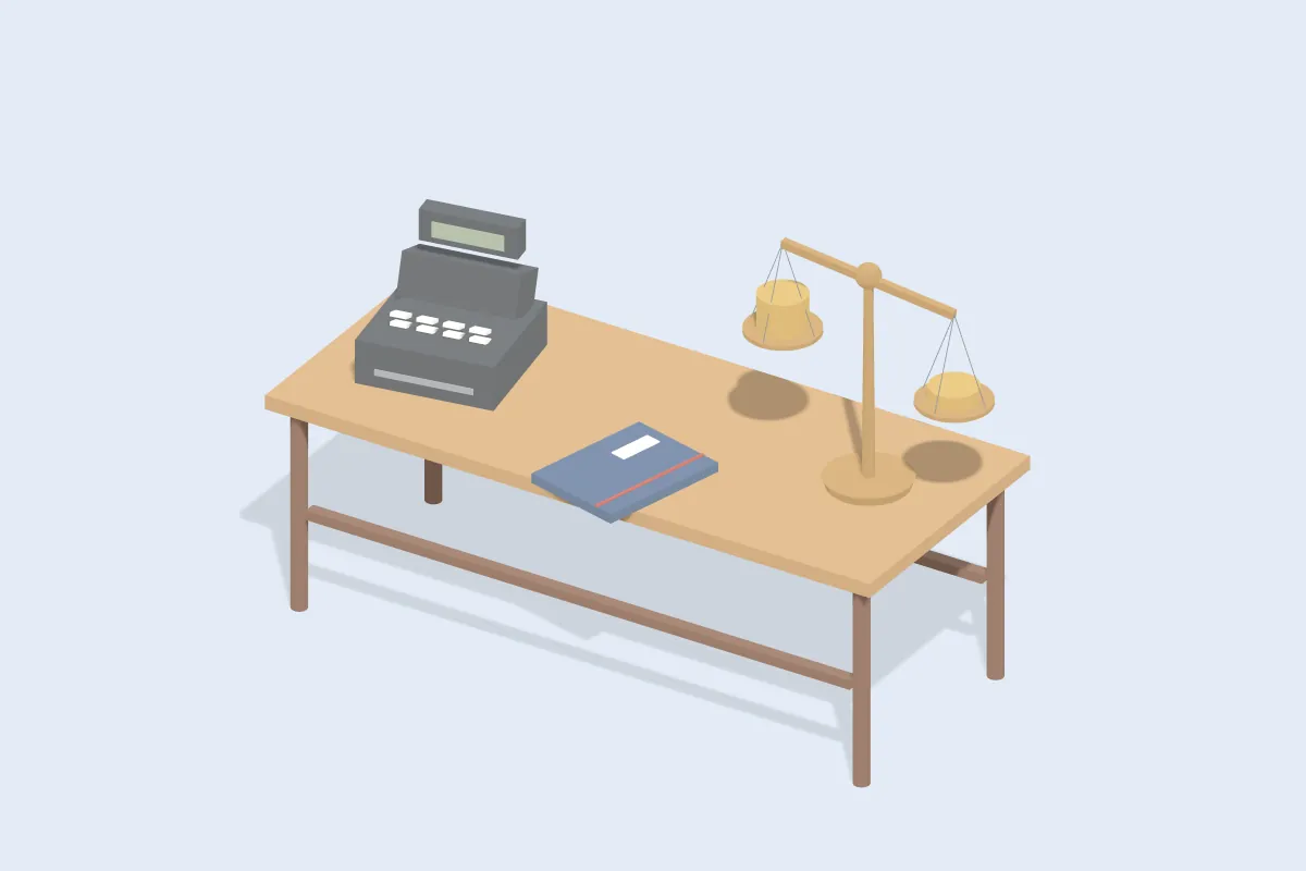 Werkbank mit Registrierkasse, Notizbuch und Balkenwaage mit zwei Münzstapeln
