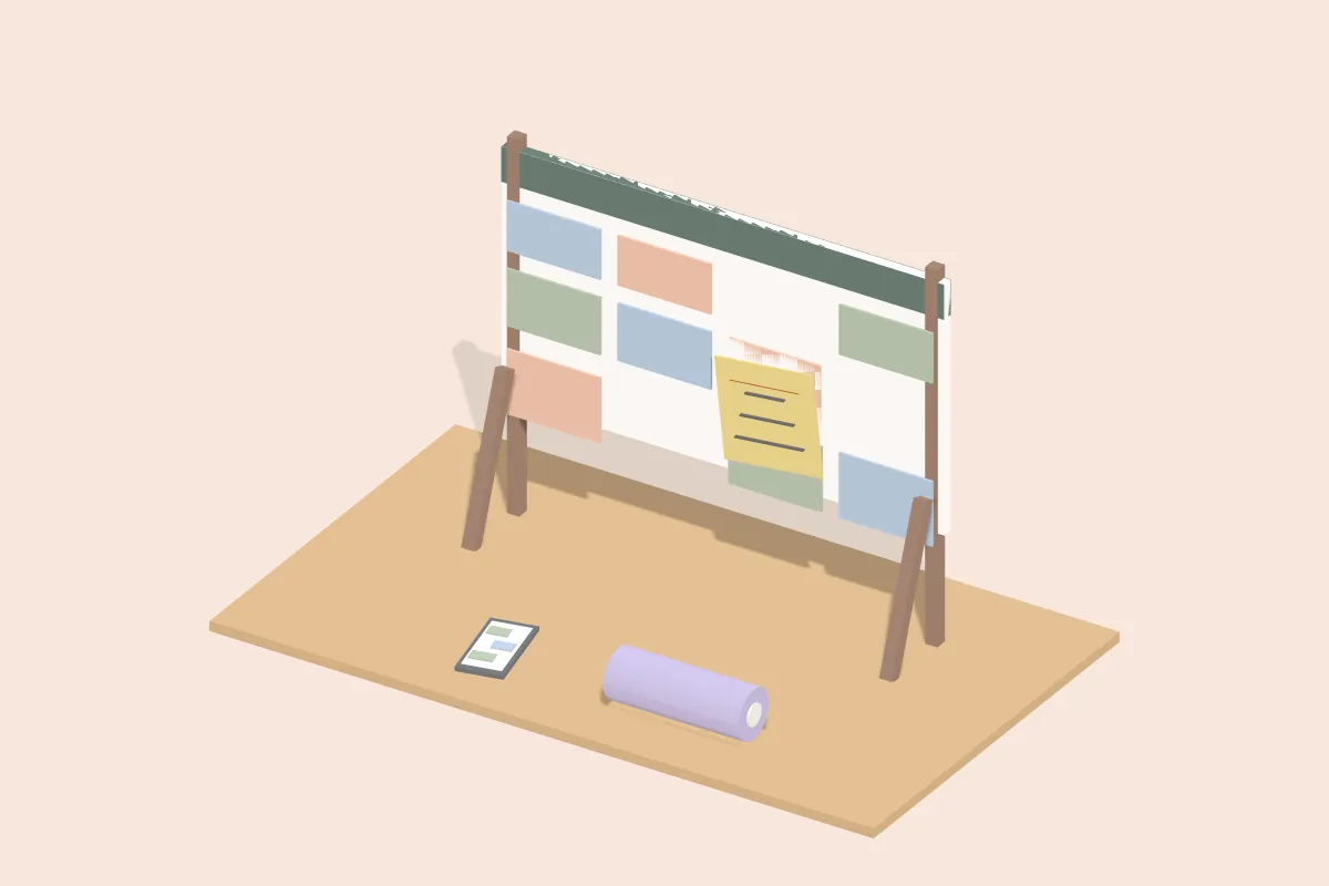 Kursplantafel mit gelbem Klebezettel über einem Block, davor Smartphone und gerollte Matte