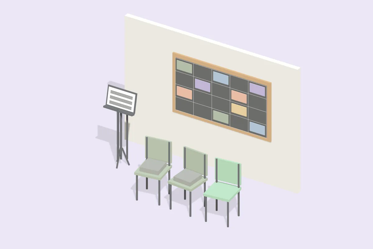 Wochenplantafel mit farbigen Kärtchen, daneben ein Notenständer und drei Stühle, von denen einer frei ist