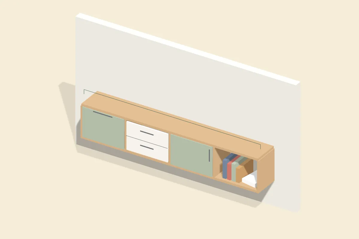 Wandhängendes Lowboard aus Eiche mit Klappe, Schubkästen, Tür und offenem Fach mit Büchern, darüber eine Maßlinie