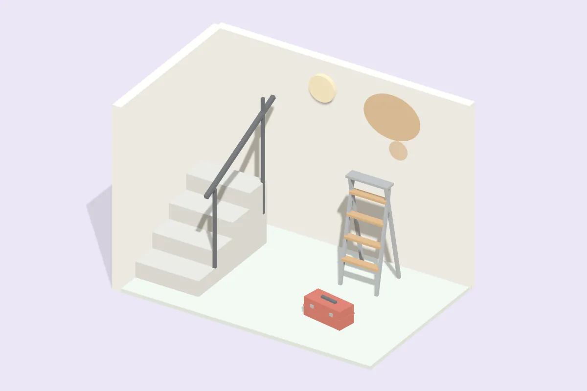 Treppenhaus mit Wasserfleck an der Wand neben der Deckenleuchte, darunter Werkzeugkoffer und Leiter