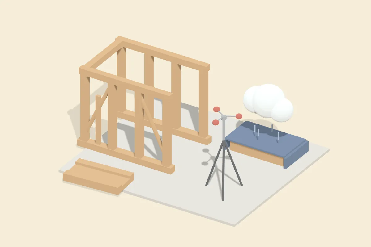 Halb aufgerichteter Holzständerbau, daneben ein Schalenanemometer auf Stativ und eine kleine Regenwolke über einer Plane